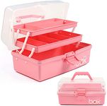 Creahaus 12in 3 Layer Multipurpose Storage Box/Craft Storage Boxes With Compartments/Plastic Tool Box/Medicine Storage Box/Hair Accessories Organiser/Sewing Box with 2 Trays (Pink)