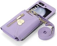 XIMAND for Samsung Galaxy Z Flip 5 Case with Love Flip Wallet, Large Capacity for 8 Card Slots, and Long Strap - a Mini, Fashionable Crossbody Bag for Young, Stylish Women Shopping(Z Flip 5,Purple)