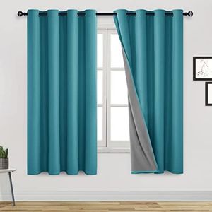 DWCN 100% Blackout Curtains for Living Room with Liner, Double Layer Thermal Insulated Full Room Darkening Noise Reducing Eyelet Curtains 2 Panels, Each W132cm x D161cm, Teal