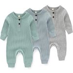 Newborn Baby Boys Girls One Piece Romper With Mitten Cuffs 3 Pack Long Sleeve Ribbed Button Jumpsuit Outfit Clothes green+blue+gray 3 months