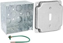 Pack of Box and Cover 4'' Square Electrical Box, Toggle Switch Exposed Work Cover, Crushed Corners, Welded Construction, Ten 1/2'' and Six TKO Knockouts, Raised Ground, 2-1/8''