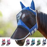 Harrison Howard CareMaster Pro Luminous Horse Fly Mask Large Eye Space Long Nose with Ears UV Protection for Horse Royal Blue M Cob