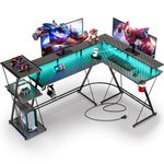 SEVEN WARRIOR L Shaped Gaming Desk, 58.3" Reversible Computer Desk with LED Lights & Power Outlets, Corner Desk with Storage Shelf & Monitor Stand, L Shaped Desk with Cup Holder, with Hooks, Black