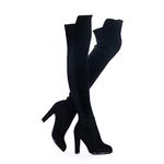 Shoe'N Tale Women Faux Suede Chunky Heel Stretch Over The Knee Thigh High Boots (8.5 M US, Black)