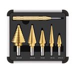 Step Drill Bit Set, 5 Pcs Titanium Coated High Speed Steel Step Drill Bits with 1 Pc Automatic Center Punch for Drilling Sheet Metal, DIY Project