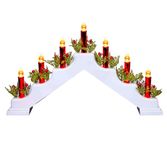 SHATCHI Latest Wooden Pre-Lit White Candle Bridge Light 7 LEDs Bulbs Metallic Red Candles - Battery or USB Powered - Window Christmas Tree Home Light Holiday Xmas Decoration