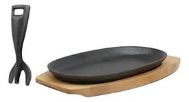 9.25 Long Cast Iron Sizzling Fajita Japanese Steak Plate With Handle and Wooden Base by Gifts & Decors