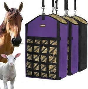 MIYABALA Ultra-Slow Feed Hay Bag for Horses, 3 Packs Hay Bags with Net Front Design,Wide Opening for Easy Filling,Two Types of Hanging for Feeding Goats, Sheep and Donkeys (1 Black+2 Purple)