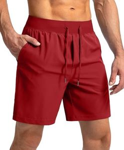 Men's Running Shorts with Zipper Pockets 7 Inch Lightweight Quick Dry Gym Athletic Workout Shorts for Men (Red, S)