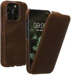 kalibri Flip Case Compatible with Apple iPhone 15 Pro - Ultra Slim Leather Protective Phone Cover - Brown