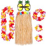 REDSTAR Deluxe 6 Piece Hawaiian Skirt Set with Lei Garland Pineapple Glasses Summer Hawaii Party (Straw) One Size