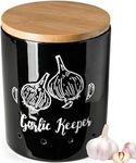 LYEOBOH Garlic Keeper, Garlic Storage, Garlic Holder, Ceramic Garlic Container with Wood Lid, Farmhouse Garlic Keeper for Counter, Garlic Saver for Kitchen, Black