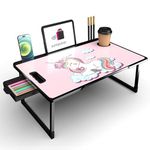 MANKITA Foldable Wooden Mini Laptop Table for Bed, Study Table with Drawer, Tablet/Mobile Holder for Kids & Adults (U-UNICORN COTTEED)