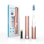 Sonisk Pulse | Battery Powered Electric Toothbrush | Portable Travel Size with Antimicrobial Sonic Technology | 1x Battery, 2X Brush Heads, 1x Travel Case Included (Rose Gold)