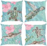 Throw Pillow Covers 18x18in, 4-Pack Ocean Beach Coastal Decor Outdoor Cushions Seashell Throw Pillow Covers for Couch, Sofa, Bed (W/O Insert) –Turtle (Turtle with Flowers)