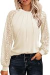 HOTOUCH Plus Women's Lace Long Sleeve Tops Pleated Crew Neck Blouses Shirts Dressy Casual Western Fall T-Shirts Beige