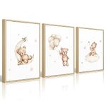 Bear Nursery Wall Art Decor Set of 3 Teddy Bear Canvas Wall Art Baby Boy Nursery Prints Nursery Pictures Wall Decor Moon Star Cloud Neutral Nursery Print for Girls Children Room 12x16 Inch FRAMED