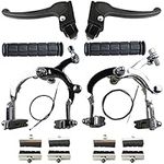 Bike Brakes Set MX Bicycle C Calipers Set Side Pull Brakes Set 73-91mm Include Brake Levers Brake Wires Brake Calipers, 8 Pieces Brake Rubber Pads, 1 Pair Handle Grips for Beach Cruisers and BMX Bikes