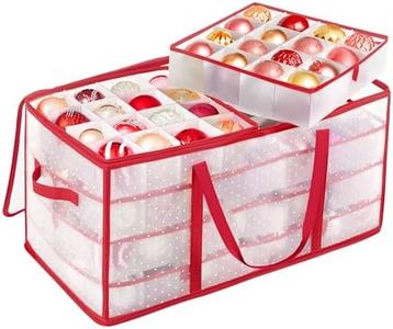 SONGMICS Large Christmas Ornament Storage Boxes, 3-Inch Balls, 8 Trays, 128 Slots, Plastic Christmas Storage Container with Lid, Dual Zippers, Side Handles, Cherry Red URFB029T01