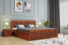 EBANSAL Wooden King Size Bed for Bedroom, Solid Wood Double Bed Cot Designer Bed with 4 Drawers Side Storage, Sheesham Wood, Honey Finish