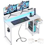 AODK White Desk, Gaming Desk with Adjustable Monitor Shelf, 48 Inch Computer Desk with Drawer, Reversible Pc Desk with LED Lights & Power Outlet, Work Desk with Headphone Hook for Home Office, Bedroom