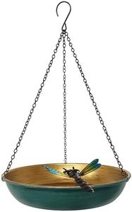 Hanging Birdbath Bird Feeder for Outdoor 11 Inch Green/Bronze Cute Metal Bird Bath Bowl with Detachable Black Chain Metal Dragonfly Backyard Birdbath Garden Decor