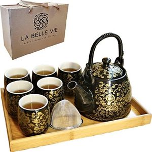 Traditional Japanese Tea Set, Pretty Black Tea Set with Tray and Infuser, Chinese/Asian Tea Sets for 6 Adults, Porcelain Tea Pot and Tea Cups, Large Teapot, Gift for Women, Men, Birthday, Housewarming