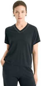 Serathinan Luxury Wool Silk Blend Women's V-Neck Pullover Ribbed Short Sleeve High End Knitted Sweater Clothing, BY3611520 (US, Alpha, Large, Regular, Regular, Charcoal Gray)