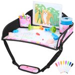 Kids Travel Tray for Toddler Car Seat, Play Trays for Drawing, Travel Tray for Airplane, Car Seat Desk Lap Tray with Storage, Carseat Table Tray for Kids Travel Activities, Pink