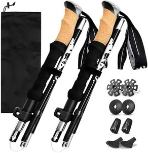MOTYYA Collapsible Trekking Poles - Lightweight Folding Hiking Poles, Adjustable Height, Compact Travel Design, Metal Locks Cork EVA Grips, Aircraft Aluminum Walking Sticks for Men & Women, 2pcs Black