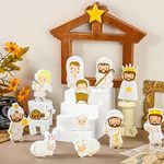 Queekay 13 Pcs Small Christmas Nativity Scene Wooden Set Mini People Nativity Set First Story Decor The Birth of Jesus Decor Xmas Religious Present Display Tabletop for Kids Family(Retro Style)