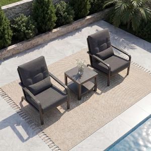3 Piece Outdoor Bistro Set, Rattan Patio Furniture with Aluminum Frame & Coffee Table, Waterproof Cushion Fabric, High Elastic Sponge, Grey Terrace Patio Set