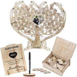 FORBFAN Wedding Guest Book Alternative, 100 Pcs Wooden Heart Drop Box Guest Book with Photo Frame, Guest Book Wedding Reception