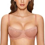 DOBREVA Women's Sexy Lace Balconette Bra Unlined Underwire Open Half Cup Bra See Through Sheer Balcony Bra Cream Coffee 34C