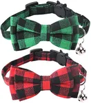Malier 2 Pack Christmas Cat Collars Breakaway with Bow Tie and Bell, Classic Buffalo Plaid Kitten Collar with Cat Bow Tie Cat Collar for Cats Kitty Kitten Cat Stocking (Red + Green)