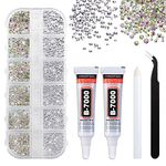 Rhinestones for Crafts, Clear Flatback Nail Gems, Kaluofan 1728 PCS Rhinestones with B7000 Glue Tweezers and Picking Pen, Silver and Iridescent 2 Style, for Crafts Nail Earring Phone Cases Clothes