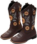 gloryinterest Cowboy Boots for Women Mid Calf Cowgirl Western Boots Sunflower Embroidery Stitched Square Toe Low Heel Black Brown Yellow US6-10.5, Brown, 9