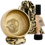 Tibetan Singing Bowl Set Om for Yoga, Meditation and Relaxation - Hand-Painted Tibetan Singing Bowl Ø 16 cm, Double Beater with Felt and Leather, Ring Cushion, Bag and Instructions