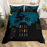 Dirt Bike Extreme Sport Bedding Set Boys Motorcycle Adventure Duvet Cover Set Racing Motocross Cityscape Night View City Buildings Comforter Cover Set for Kids Teens Gift Decor 2 Pcs Twin Size