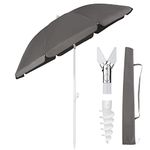 Sekey 1.6m Beach Umbrella with Ground Spike & Umbrella Cover, Stable Parasol with Eight Ribs for Balcony, Garden & Patio. Tilt Angle and Height Adjustable, Round Sun Protection UPF 50+, Dark Gray