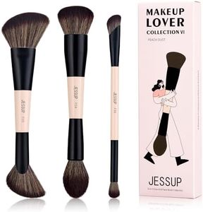 Jessup Face Makeup Brushes 3pcs Double Ended Makeup Brush Set for Foundation Contour Blush Highlight and Powder, Premium Synthetic Make up Brushes Peach Dust T508