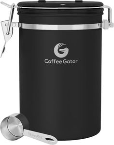Coffee Gator Stainless Steel Coffee Grounds and Beans Container Canister with Date-Tracker, CO2-Release Valve and Measuring Scoop - Large, 22oz, Black