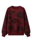 Floerns Women's Grunge Punk Eye Print Long Sleeve Drop Shoulder Sweaters Top, Burgundy, Medium