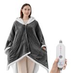 Wearable Heated Throw Blanket, Electric Heated Poncho Shawl Hoodie with Pockets and Hood, 5 Heating Levels & 3-Hour Auto-Off, Ultra-Soft Flannel and Sherpa for Cozy Warmth, 56 x 63 Inches, Grey