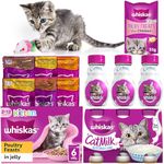 Kitten Milk & Kitten Food Pouches Bulk Bundle - 2-12 Months, Poultry Feasts in Gravy 6x85g, Kitten Milk 3x200ml Bottles, Milky Treats 55g and Koala Pets Kitten Toy