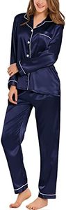 SWOMOG Womens Silk Satin Pajamas Long Sleeve Loungewear Two-Piece Sleepwear Button-Down Pj Set Deep Navy Blue