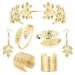 BESTEEL 7Pcs Greek Goddess Costume Accessories Set for Women Gold Leaf Crown Bracelet Pearl Earrings Bridal Wedding Jewelry(Pearl)