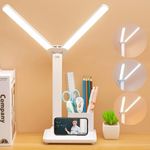 LED Desk Lamp, IGGDOQI Double Head Table Lamp with Pen Holder, USB Charging 3 Color Modes 5 Brightness Eye Care Dimmable Reading Light Adjustable Foldable Desk Light for Reading for Kids, Home, Office