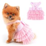 PAIDEFUL Small Dog Dress Striped Denim Organza Bow Beads Tutu Skirt Summer Soft Comfortable Breathable Puppy Clothes Sleeveless Button Kitten Apparel, Pink, L