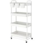 JIUYOTREE 4-Tier Plastic Rolling Storage Cart Utility Cart with Extra Hanging Cups Handles Lockable Wheels for Living Room Bathroom Kitchen Office White